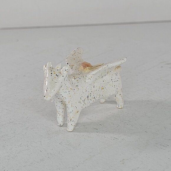 Handcrafted Ceramic Zuni Fetish Goat Sheep Figurine With Feather Stone Speckled - Picture 2 of 8